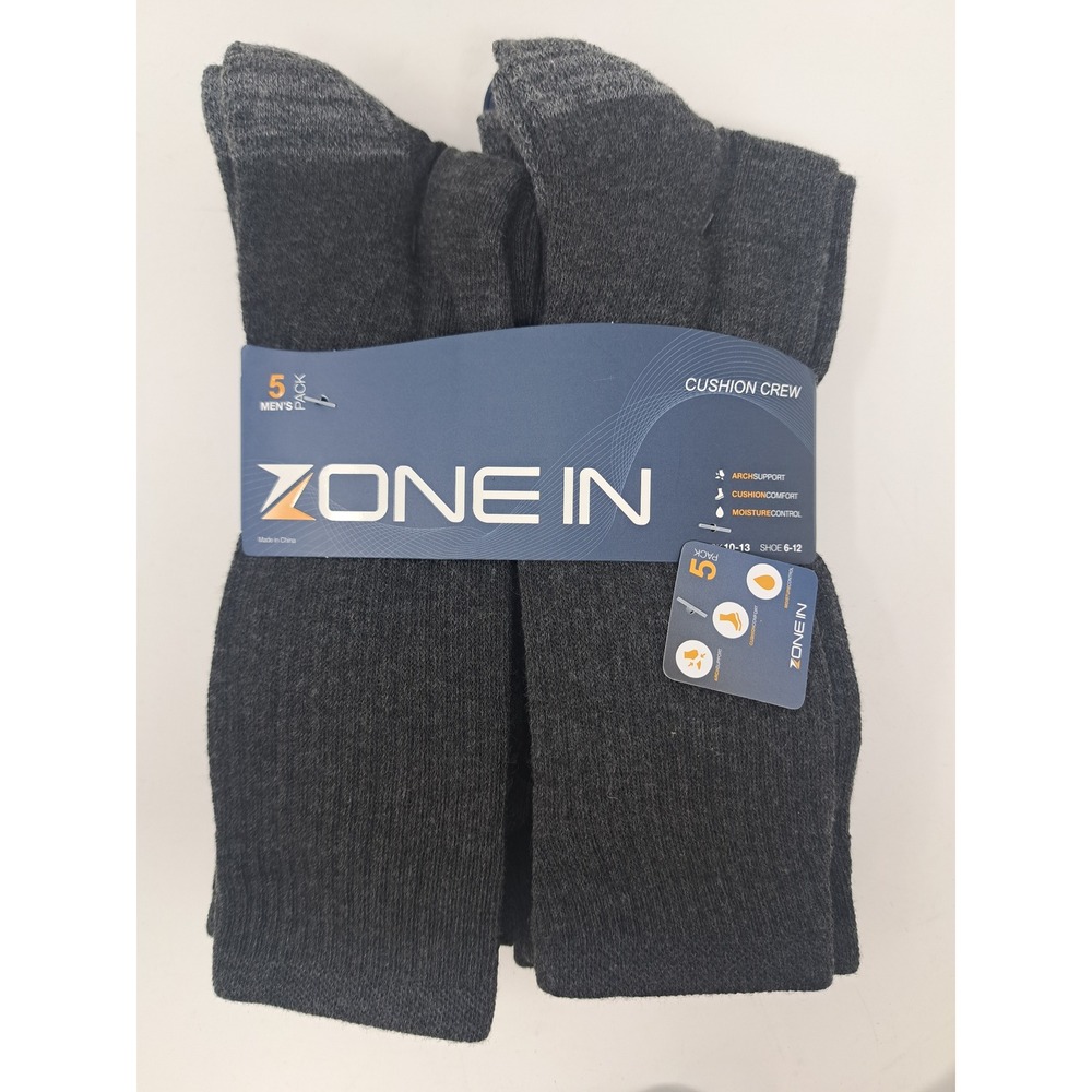 Zone In Mens 5 Pack Cushion Crew Athletic Performance Gray Socks 10-13 Shoe 6-12